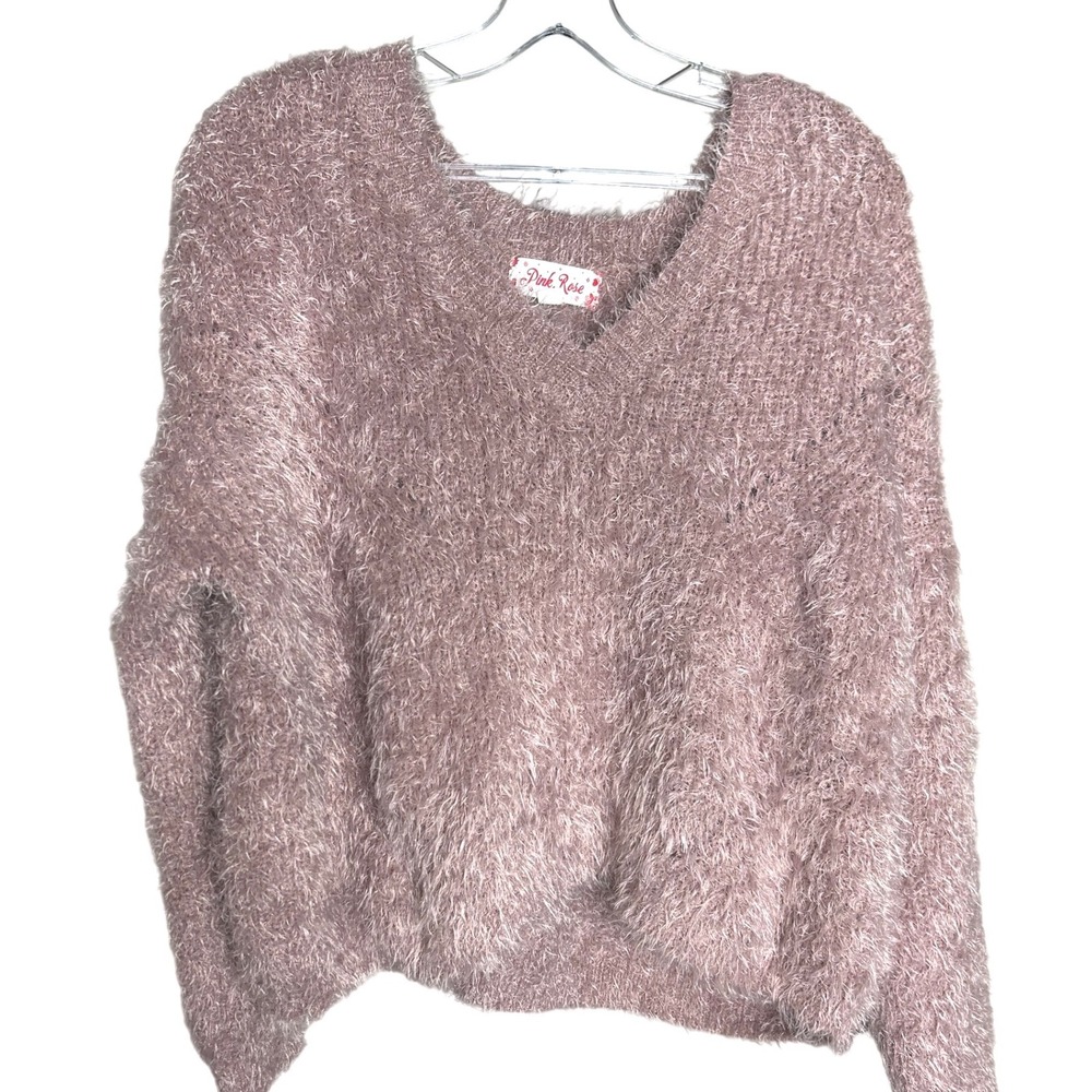 Pink Rose Large women Dusty Rose Fuzzy Eyelash Knit V-Neck‎ Pullover Sweater